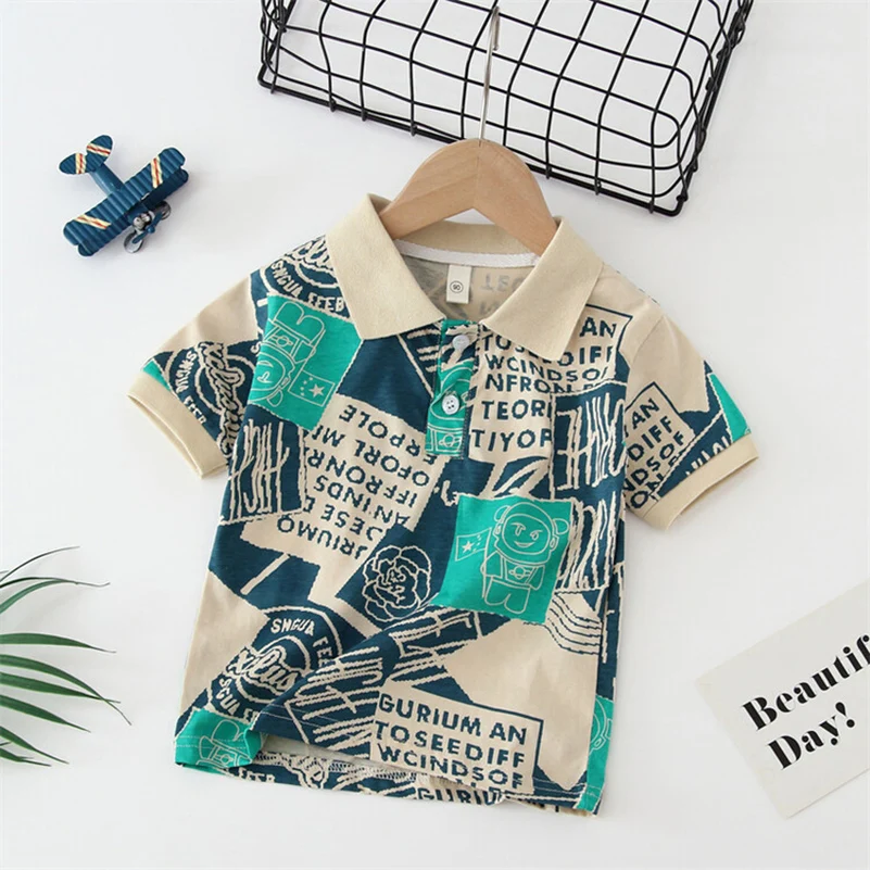 Summer Boys 2024 Korean Fashion Casual Breathable Solid Color Printed Astronaut/POLO Shirt/2-7 Years Old