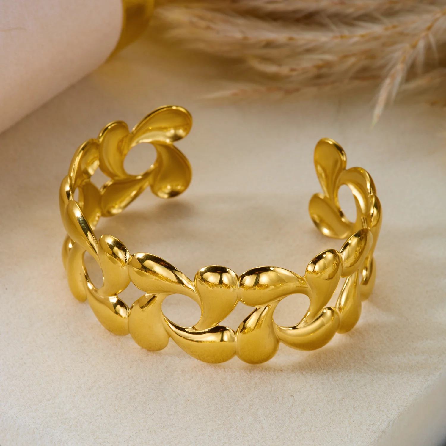 Vintage Edelstahl Blumen-Manschettenarmbänder für Damen und Herren Unregelmäßige Geometrische Wassertropfen Metall Offener Armreif Party-Schmuck – Detail 6