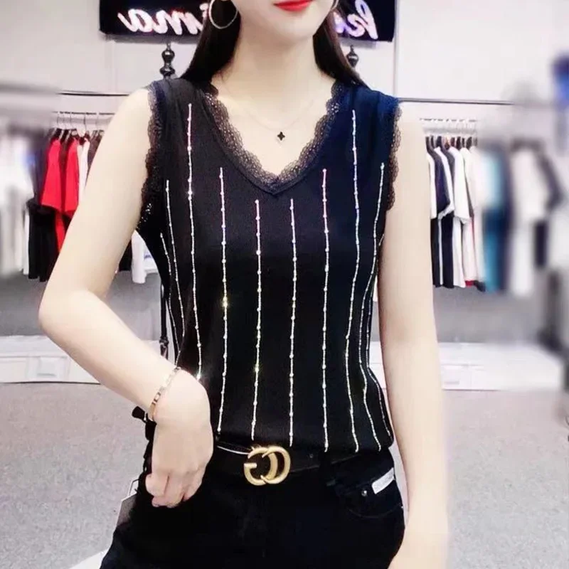 Diamonds Oversized Camisole Ladies Fashion O-neck Sleeveless Top Tee Women Clothing All-match Printing Loose Elasticity Tank Top