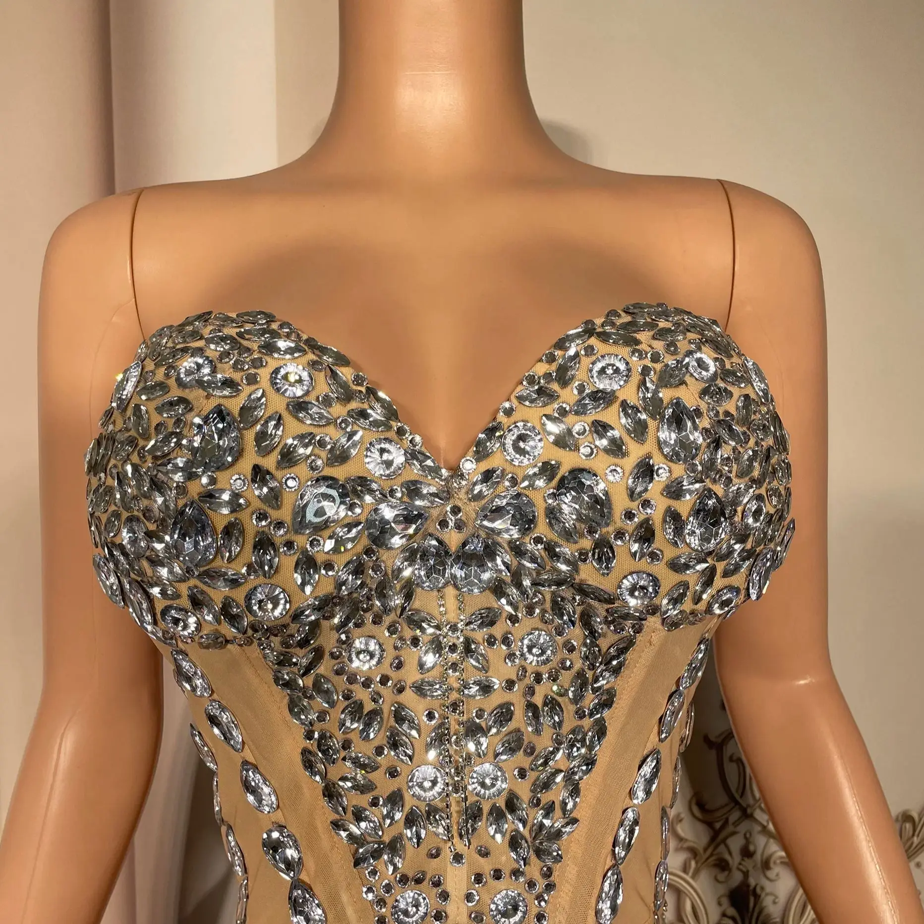 

ZD Glisten plus Size Transparent Dress with Silver Crystals Rhinestones And Chains for Birthday Celebrations And Sexy Stage
