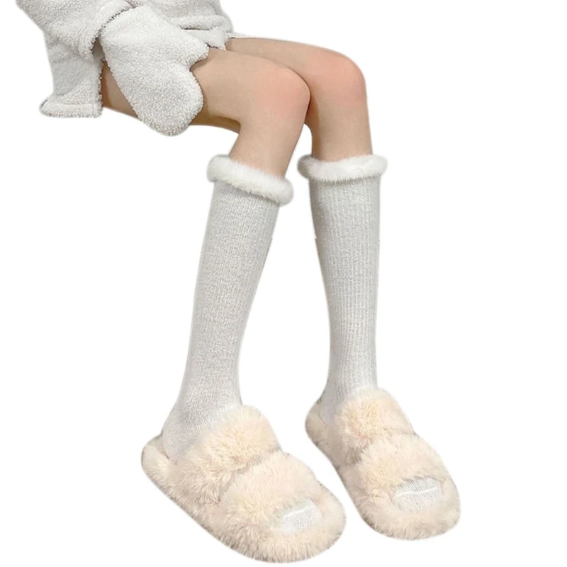 Women Student Calf Socks Japanese Furry Trim Tube Stockings