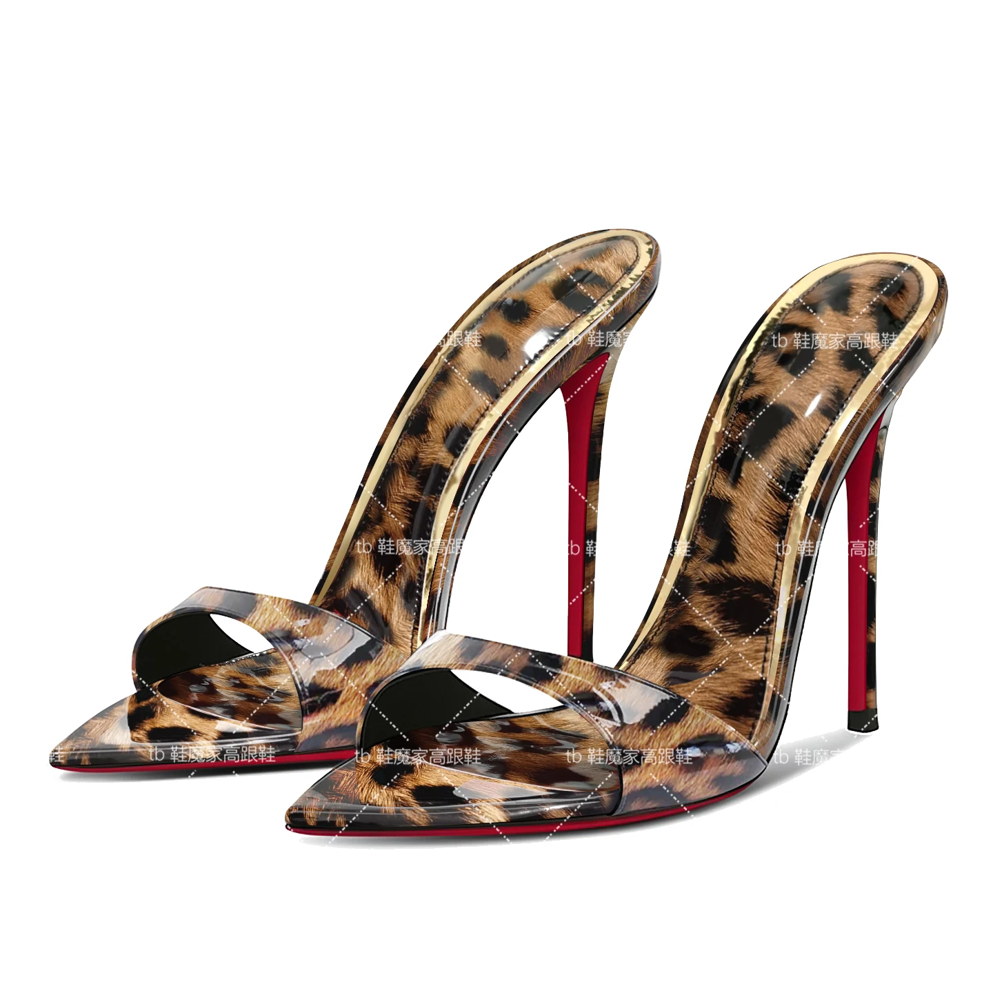 

European Station New Half Dragged Simple Leopard Pattern Pointed High Heels Women's Ultra fine Heels Slippers with Exposed Toes