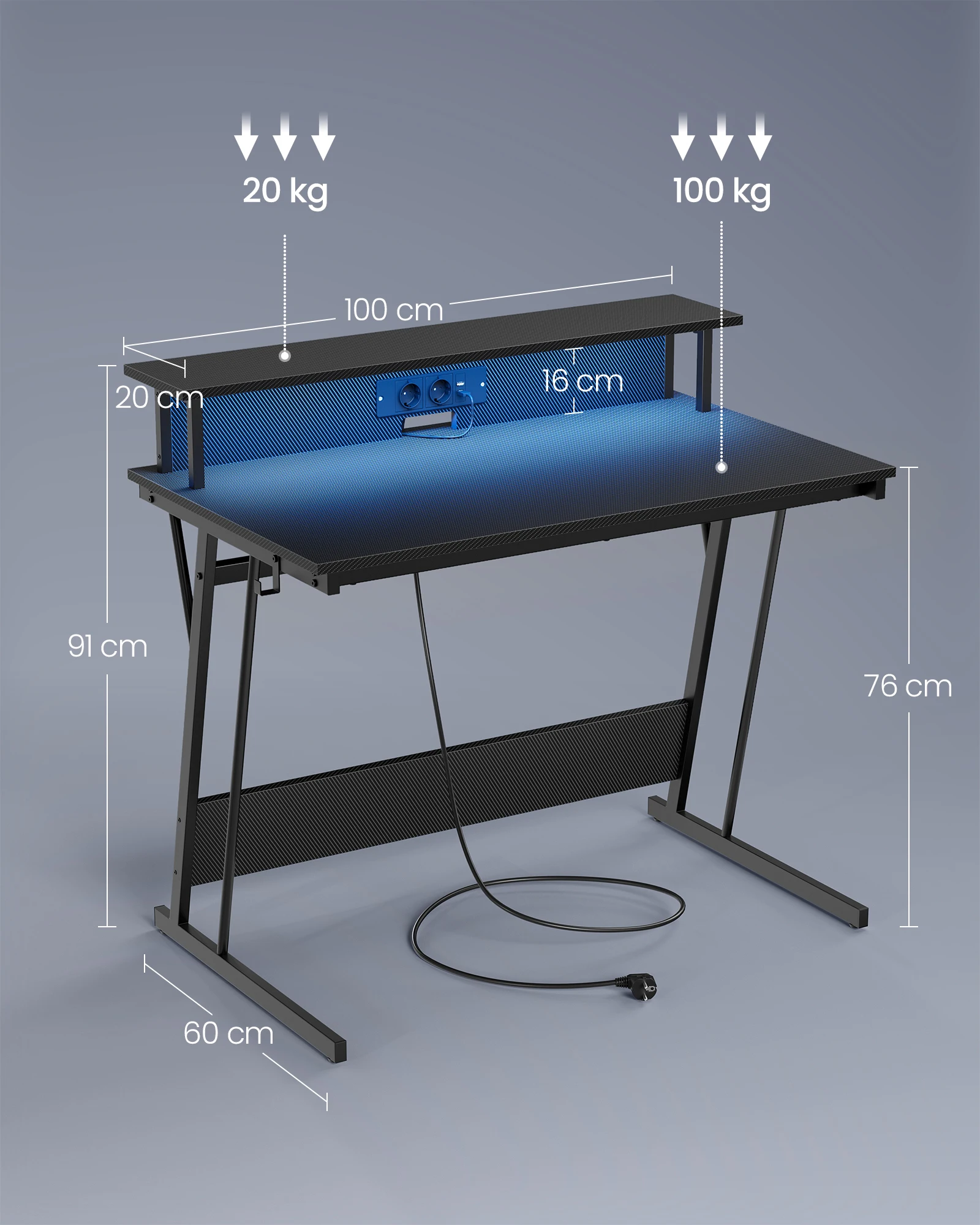 VASAGLE desk, with built-in sockets strip, LED lighting