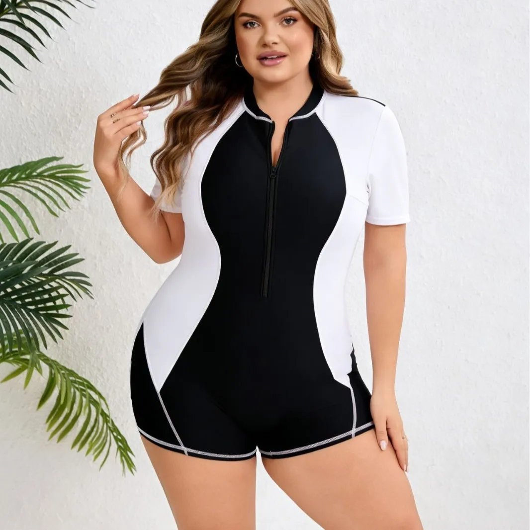 Plus Size Women Short Sleeve Boyleg One‑Piece Swimsuit Black White Color Block Front Zip Conservative Surf Bathing Suit Swimwear