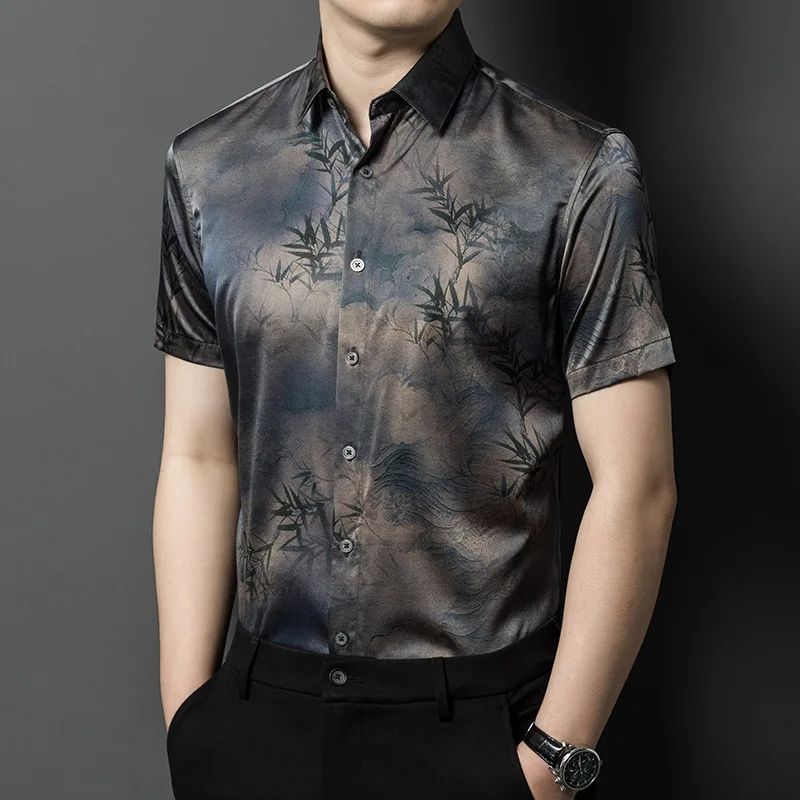 

High Quality Real Silk Men's Xiangyun Yarn Short Sleeve New Shirt Summer High-End Casual Thin