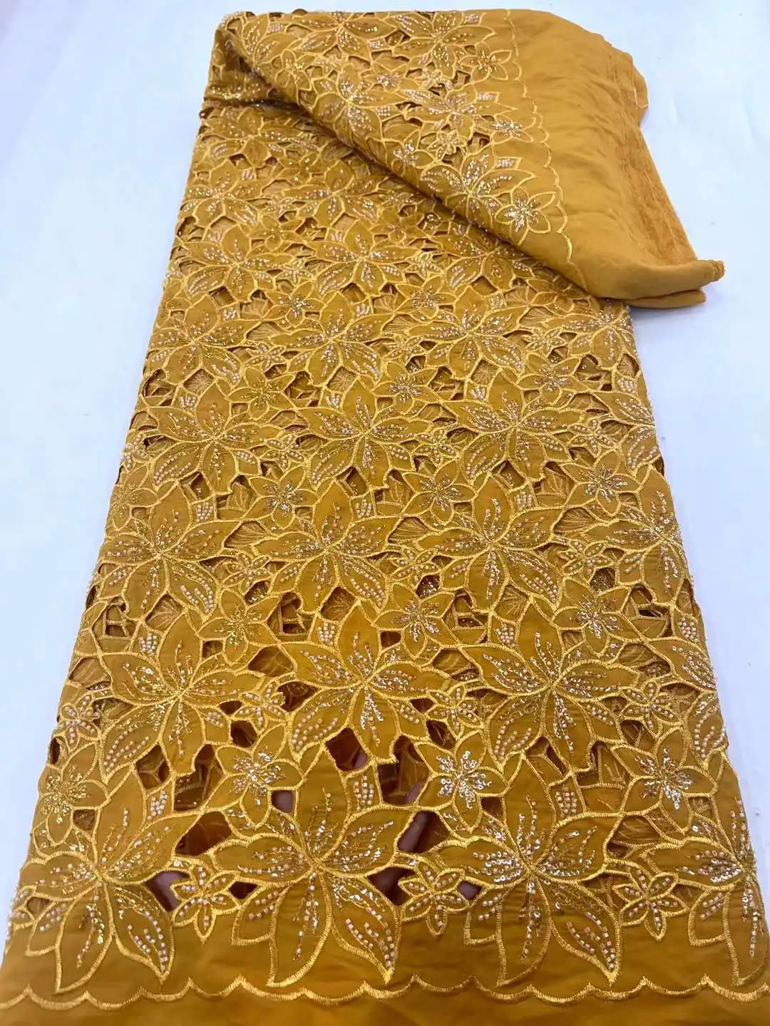 High Quality Gold Color Cord French Lace Fabric 21H-82405 Embroidered African Velvet Mesh with Stones For Lady Party Dress