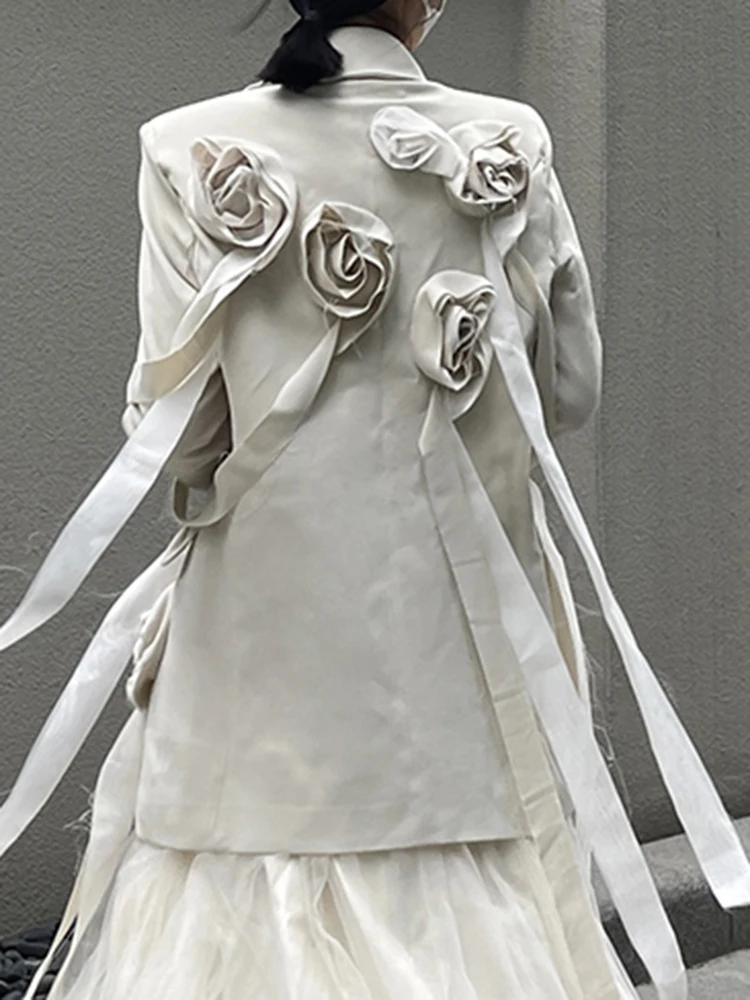 YERMORA Beige Three-dimensional Flowers Ribbon Blazer For Women Lapel Long Sleeve Loose New Jacket Fashion Spring Autumn 2025