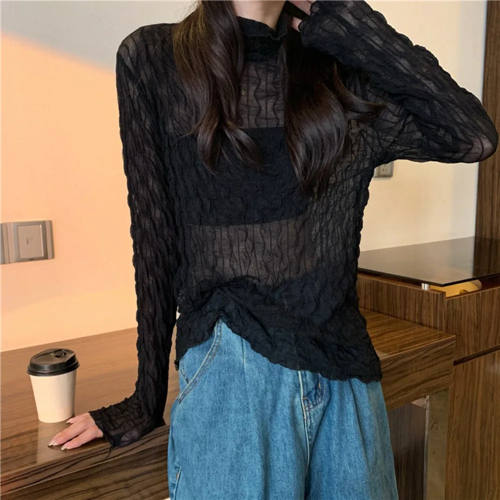 أزياء الصيف واقية من الشمس الدانتيل أعلى الحلو رقيقة شبكة منظور أعلى فضفاضة طويلة الأكمام جوفاء أعلى #4