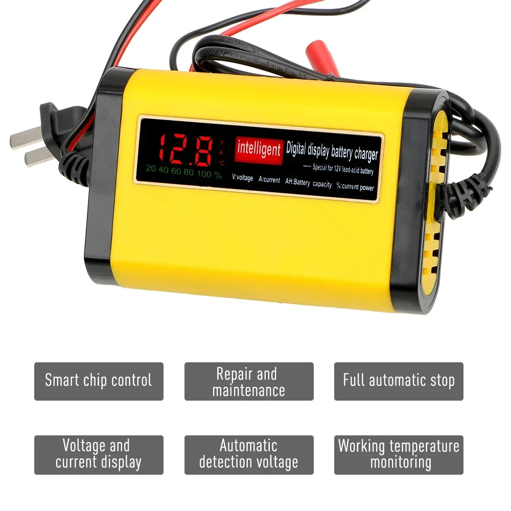 Fully Automatic Car Battery Charger with Digital LCD Display 2A Fast Charge Level 3 for AGM GEL Lead Acid Batteries
