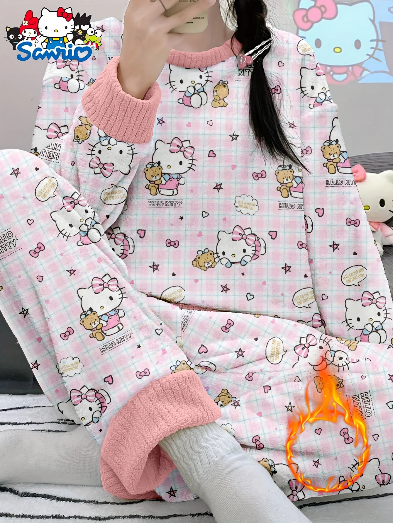 Women's HelloKitty velvet pajama set, featuring a long-sleeve top and matching pants, comfortable winter sleepwear