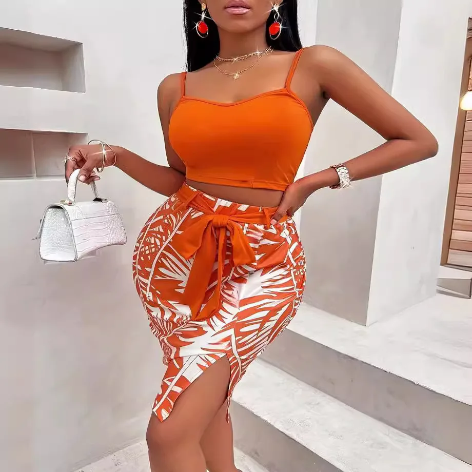 New Women's Set Orange Sling Elastic Waist Short mini Skirt Leaf Printed Skirt Sex 2-Piece Set