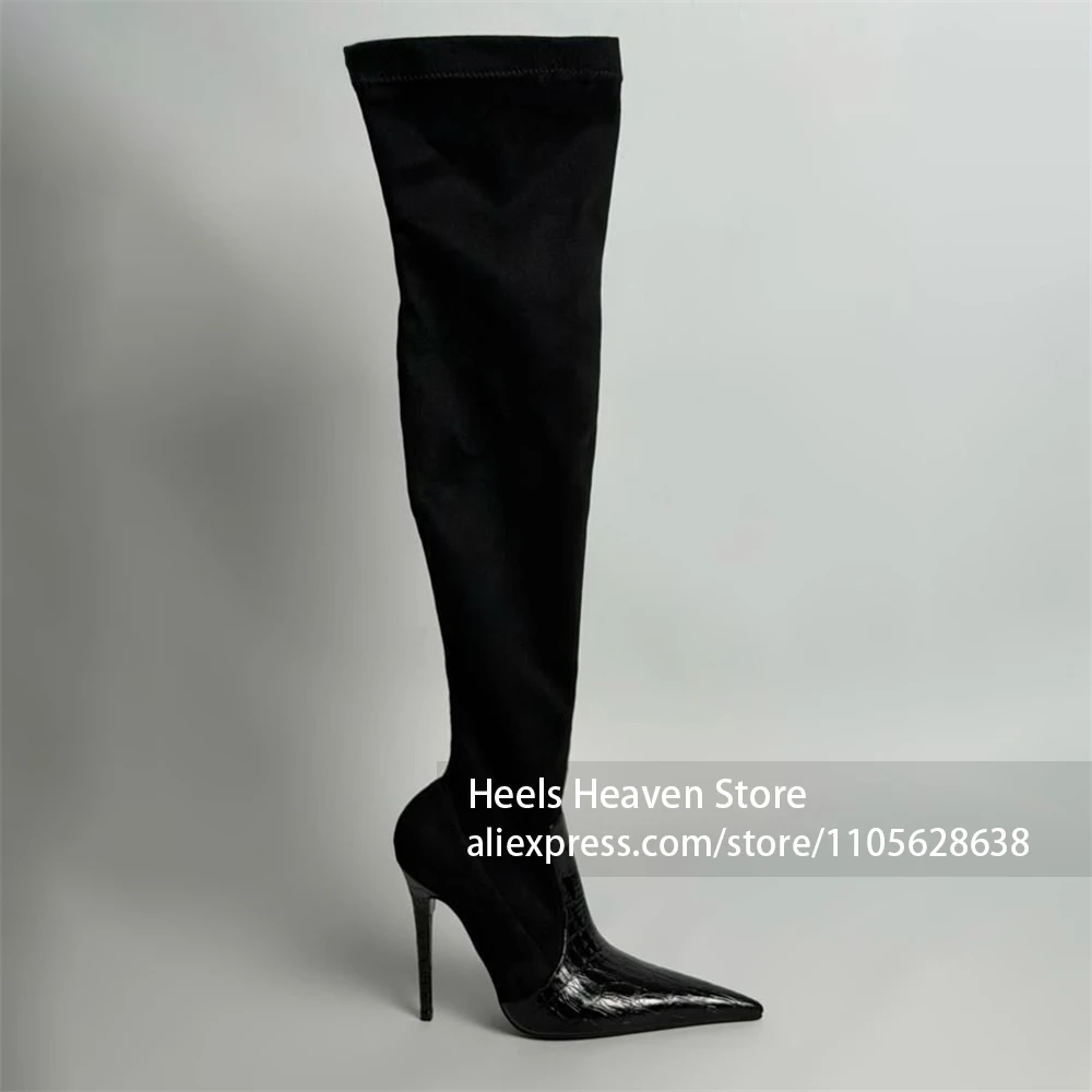 Embossed Patent Toe Cap Boots Stretchy Pull On Design Boots Slim Fit Thigh Shaft Over The Knee Boot Ultra Sharp Pointed Toe Boot
