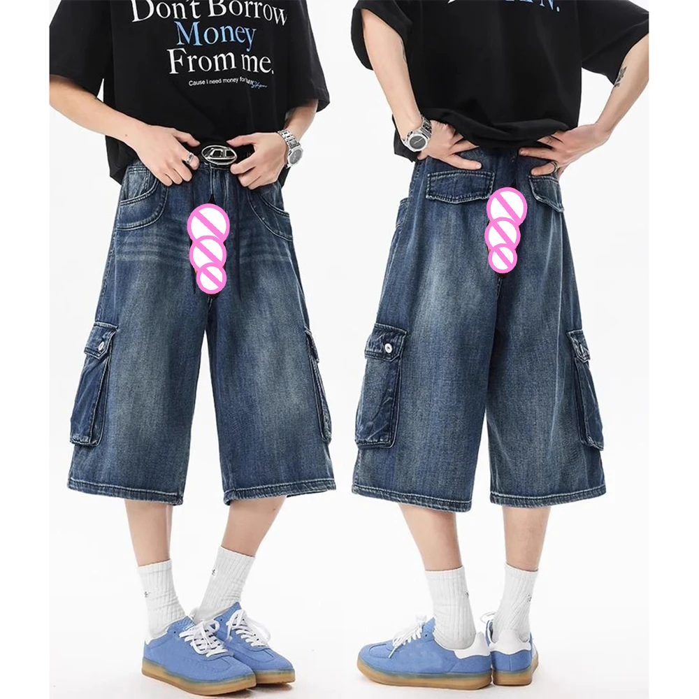 

Невидимые открытые промежности, модные джинсовые шорты для мужчин, карманные шорты для подростков, джинсовые короткие летние свободные брюки в стиле ретро с 7 очками