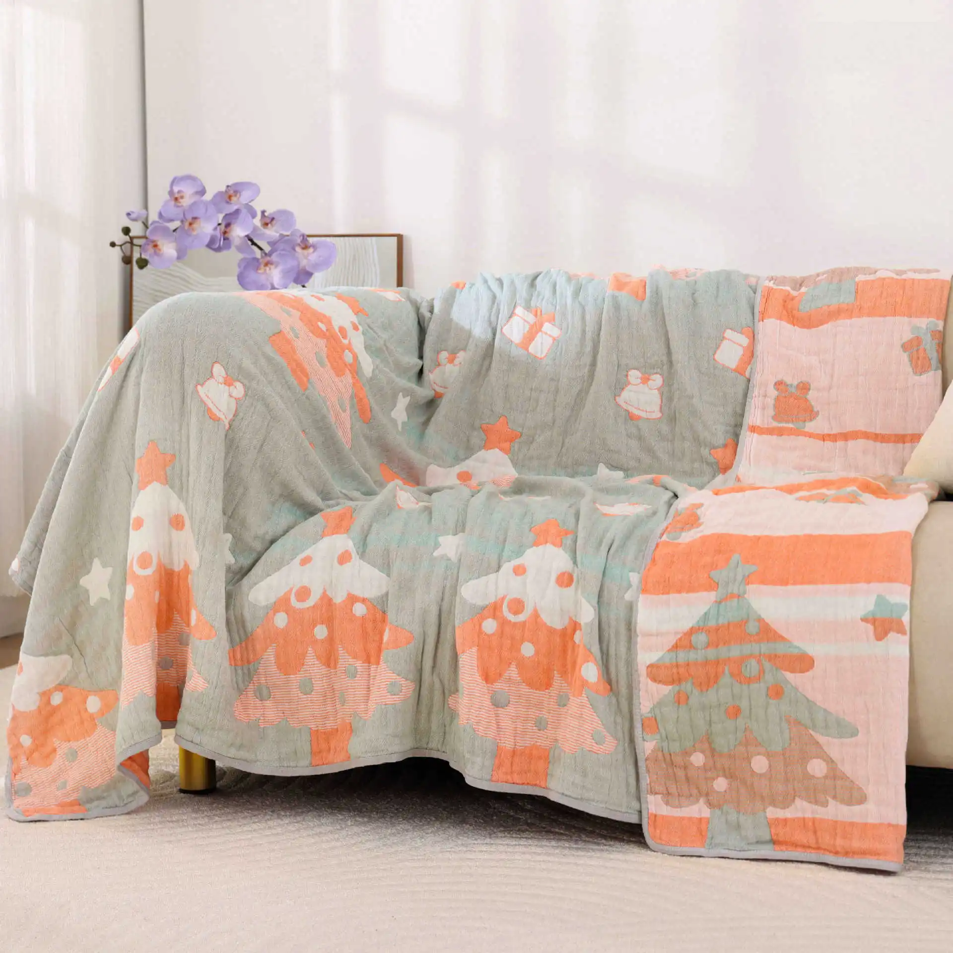 

Soft Cotton Towel Blanket for Sofa Beds, Floral Plants Bedspread, Six-layer Gauze Quilt, High Quality, New, 200*230, 150*200 cm