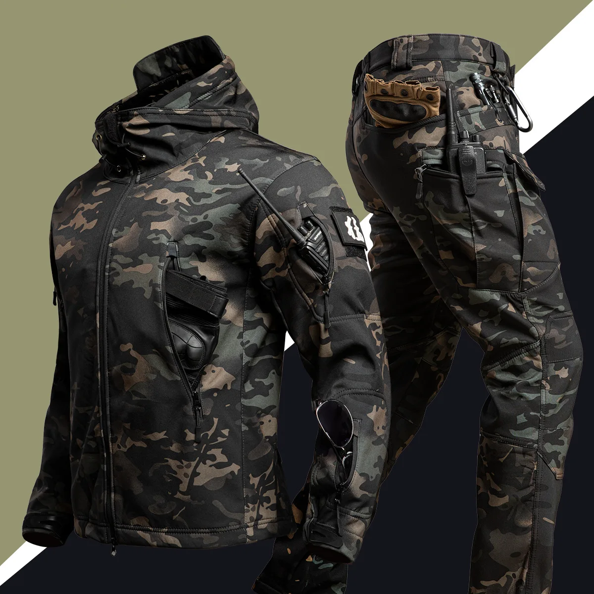 Windproof Softshell Camo Suit, Fleece Lined Winter Jacket for Hiking Climbing Military, Warm Comfortable Breathable Durable
