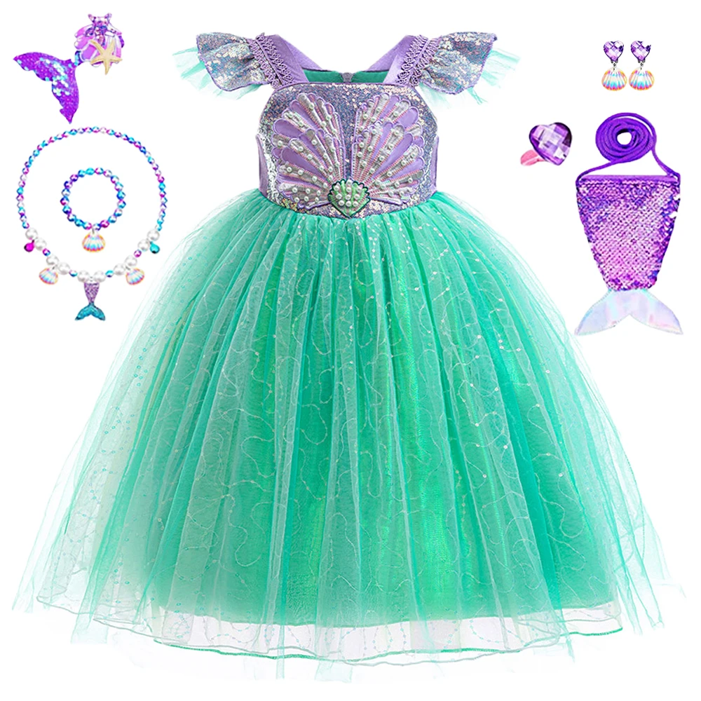 Little Mermaid Costume for Girl Ariel Carnival Cosplay Halloween Kids Clothes Beading Butterfly Party Dresses Birthday Prom Gown