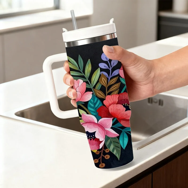 Vibrant Floral Print 40Oz Stainless Steel Insulated Tumbler, Black Background with Colorful Mixed Flower And Foliage Designs, Durable Drink Cup for Daily Use, Office Commute And Outdoor Activities