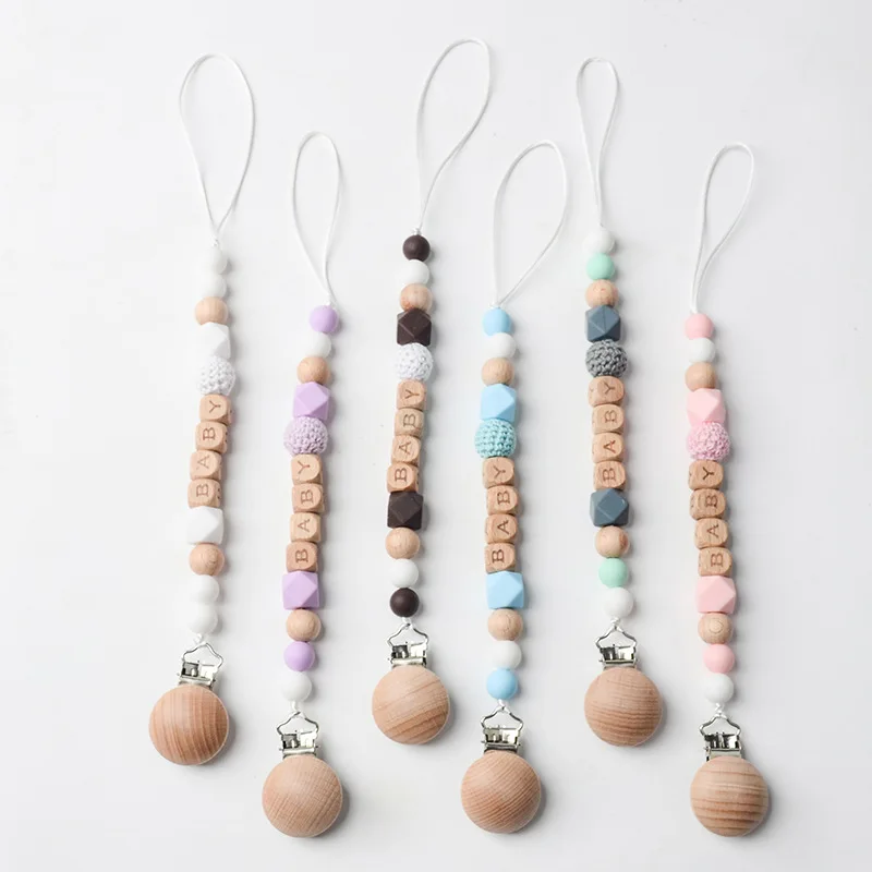 Baby Personalized Name Pacifier Clips Chains Wood Silicone Beads Newborn Dummy Nipple Holder Chain Teething Toys Anti-drop Chain