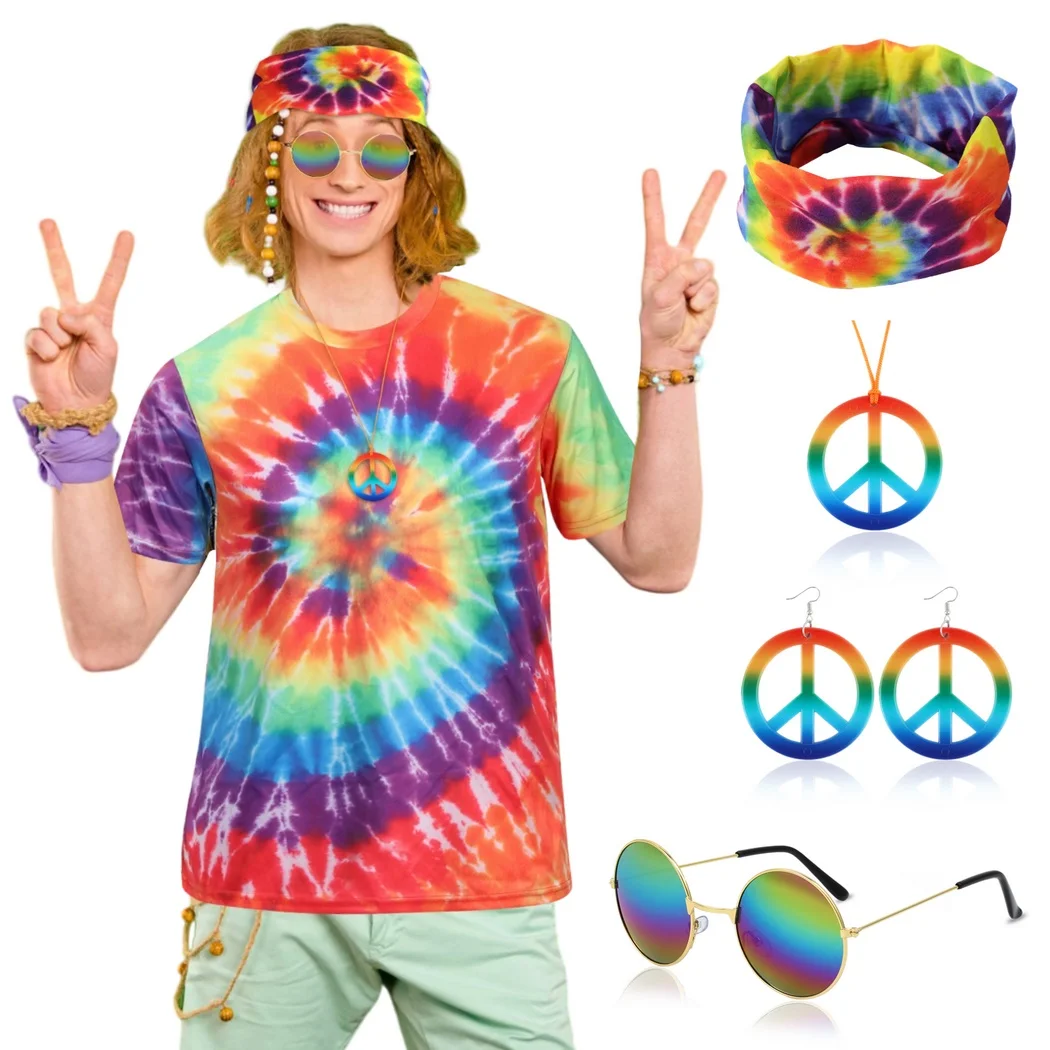 Traje Hippie de los 70 para hombre, Conjunto de camiseta con estampado de teñido anudado colorido con diadema, gafas de sol, collar de signo de la