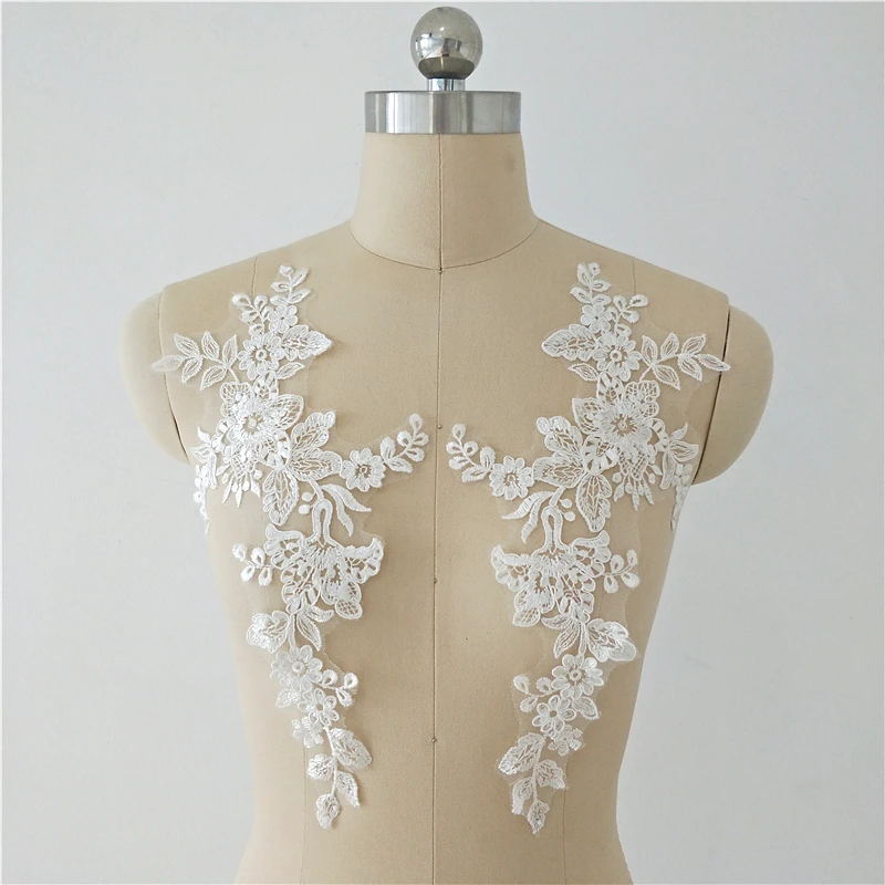 Lace Fabric Embroidered Wedding Gown Appliques, Baroque Trims, Collar Mesh Sew On Patches for Dress, DIY Decoration, Off White