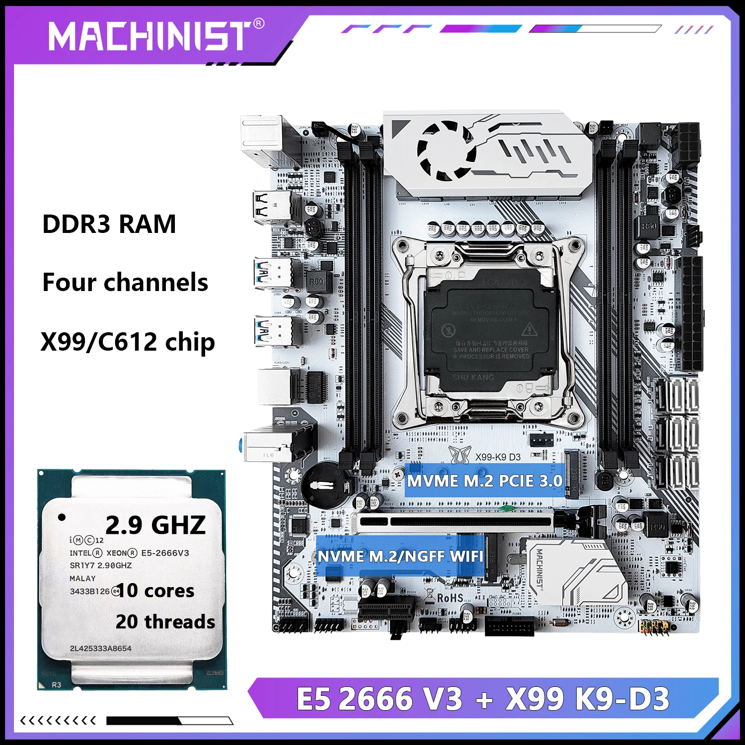 

MACHINIST X99 K9-D3 Motherboard Kit C612 Chip Optional E5 2666 V3 and E5 2673 V3 CPU Support DDR3 RAM Four channels M-ATX