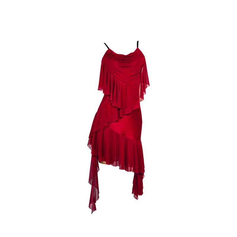 

Платье для латинских танцев, красная одежда для сальсы с лямкой на шее, национальный стандарт, нерегулярные костюмы для бальных танцев, румбы, самбы, танцевальная одежда