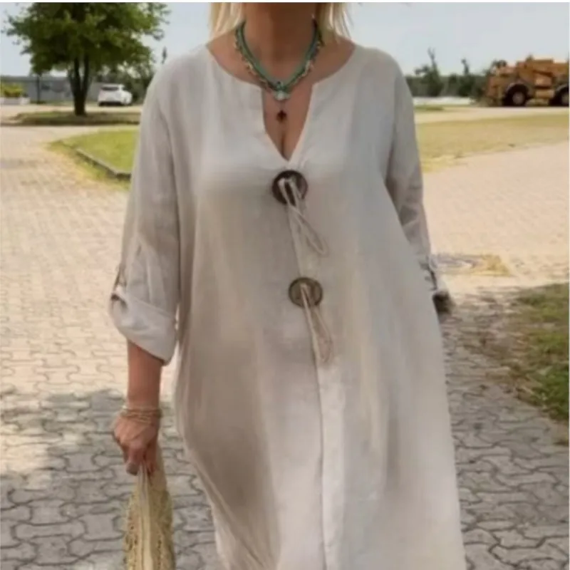 2025 Autumn Solid Maxi Dresses For Women Casual Loose Long Sleeve V Neck Button Streetwear Vacation Basic Dress Vestido Elegante