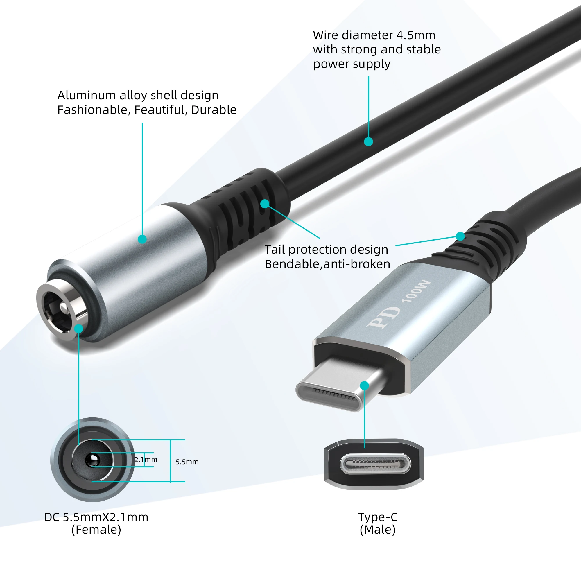 USB C-type male input DC 5.5 x 2.1mm female power cord, maximum 100W, suitable for charging mobile phones and tablets -23.5cm