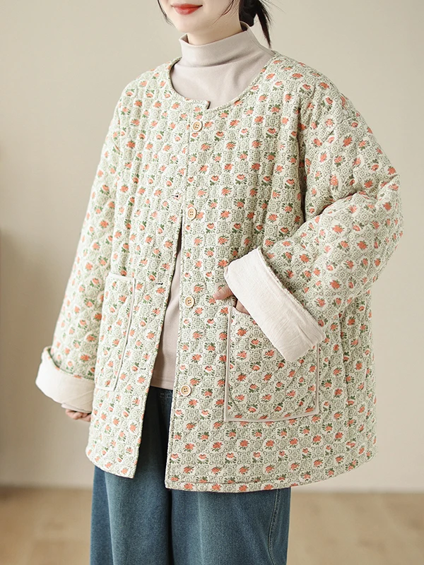 

Ladies Loose Fit Floral Cotton Jaet Warm Versatile Winter Outerwear Ele Sle Thiened Long Sve round Ne Button C...