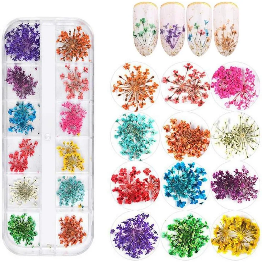 12 Colors Dried Flowers for Nail Art, 1 Box Mini Natural Flowers Nail Art Supplies 3D Applique Decoration Sticker