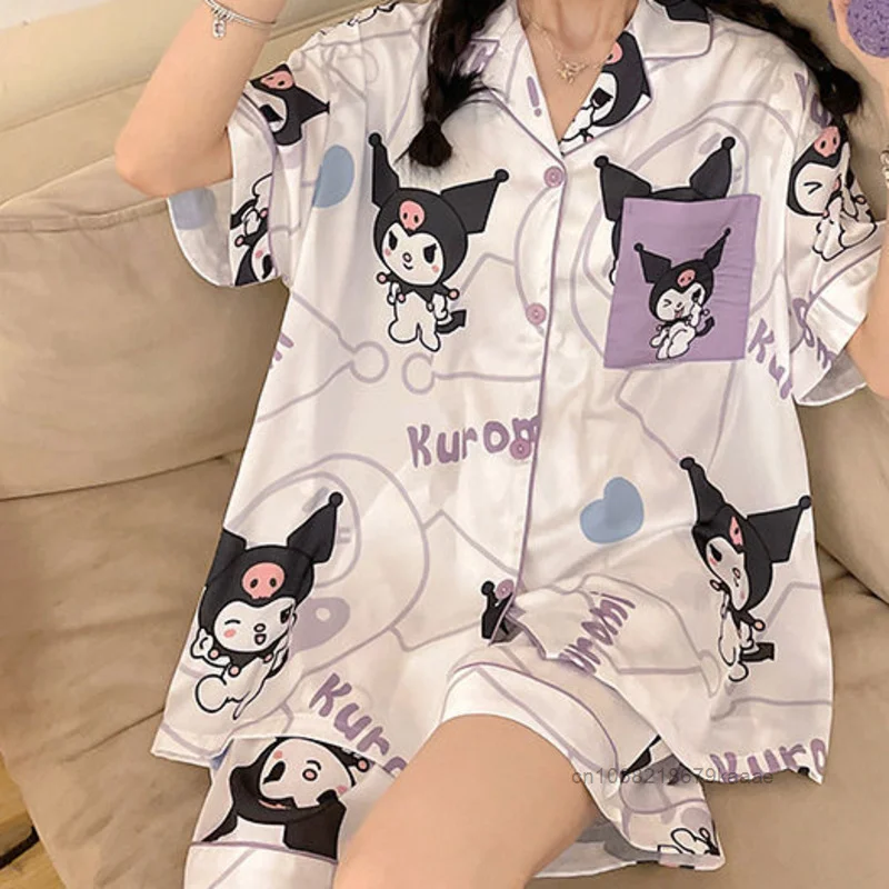 Sanrio Hello Kitty Women\'s Summer Cool Silk Pajamas Japanese Style Chest Pads Sleepwear Set Cute Cartoon Print Home Clothes Suit