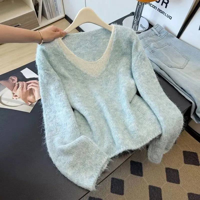 

2025 корейский искусственный свитер из двух частей, вязаный свитер, модные топы, свободные универсальные длинные рукава