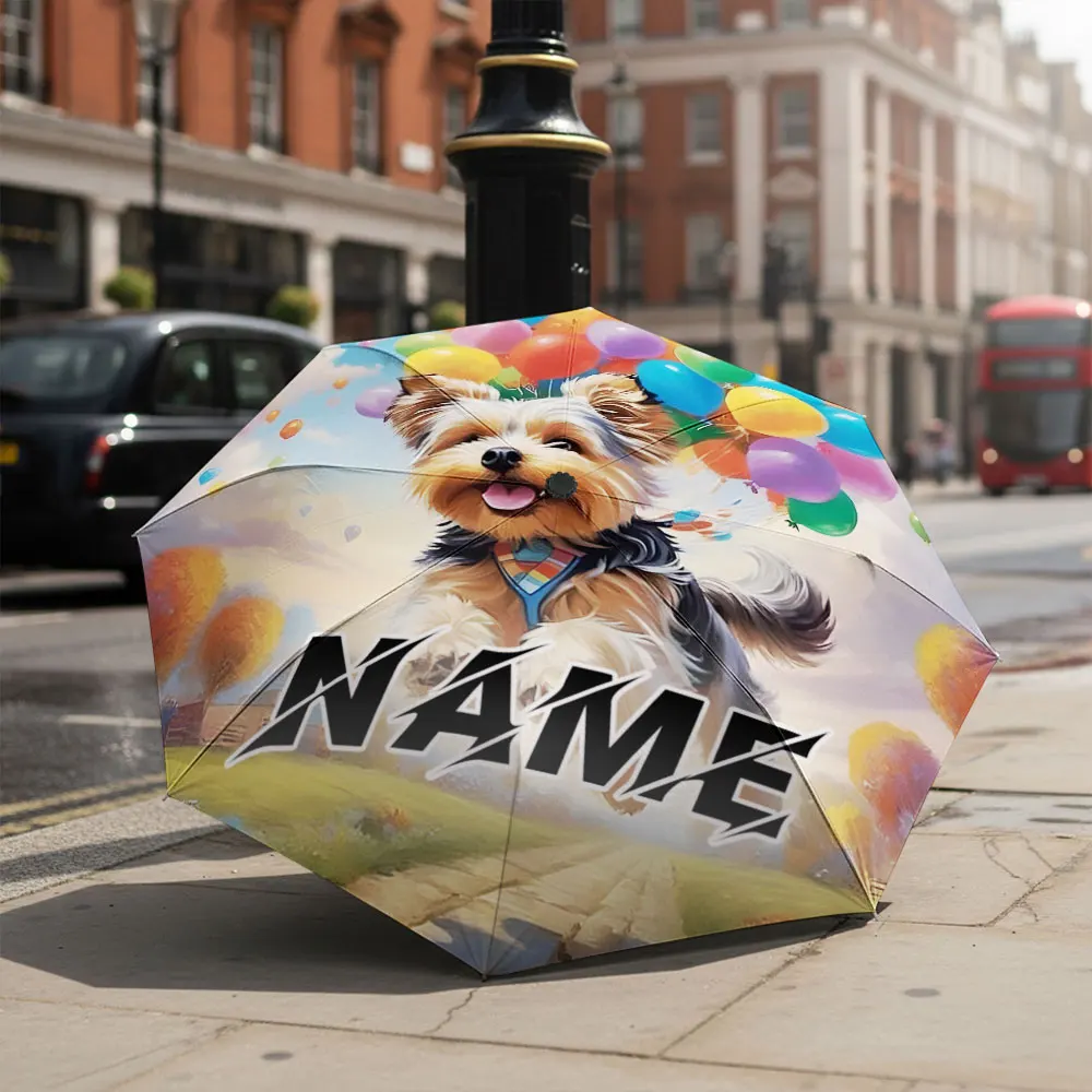 Custom Name umbrella, Playful Puppy with Colorful Balloons Design Fashion Folding Umbrella for Daily Use, Christmas Gift
