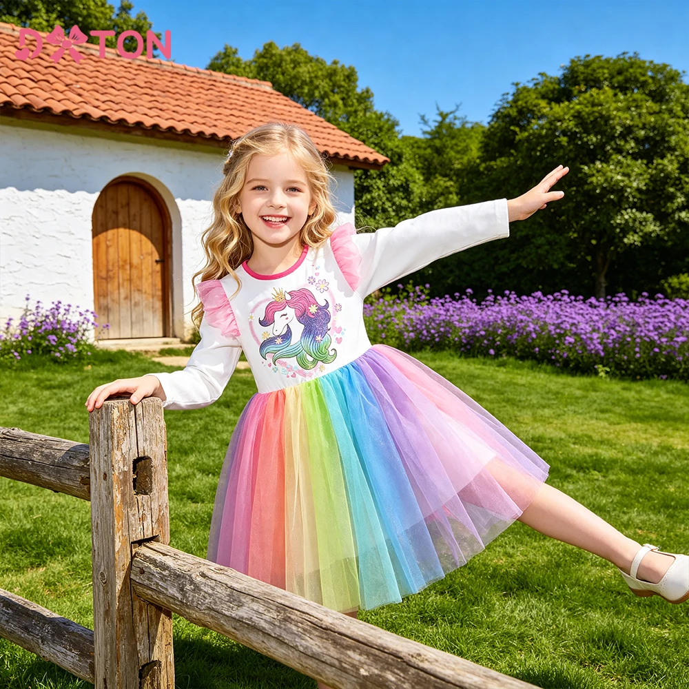 DXTON Herbst Prinzessin Mesh-Kleid für Mädchen, Einhorn, Baby, Kinder, Baumwollkleidung, Herz-Druck, Kindergeburtstag, Partykleid, Kostüme