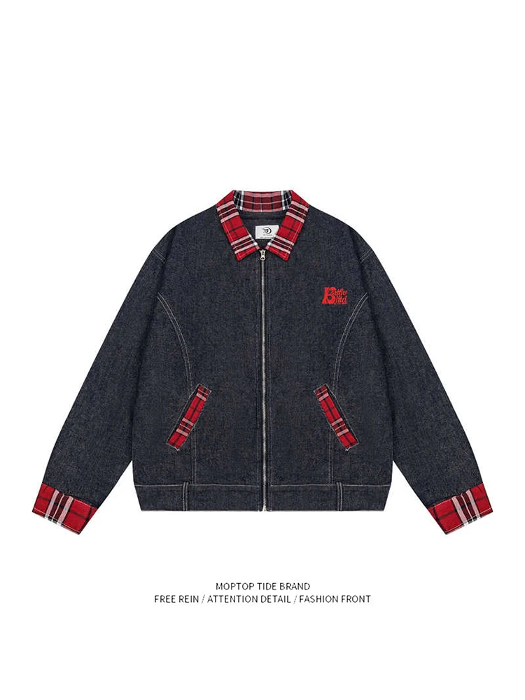 

Mr. WH American Retro Plaid Splicing Denim Jaet ex Autumn Workwear oulder Flip Collar Jaet Loose Fit Youth Trend