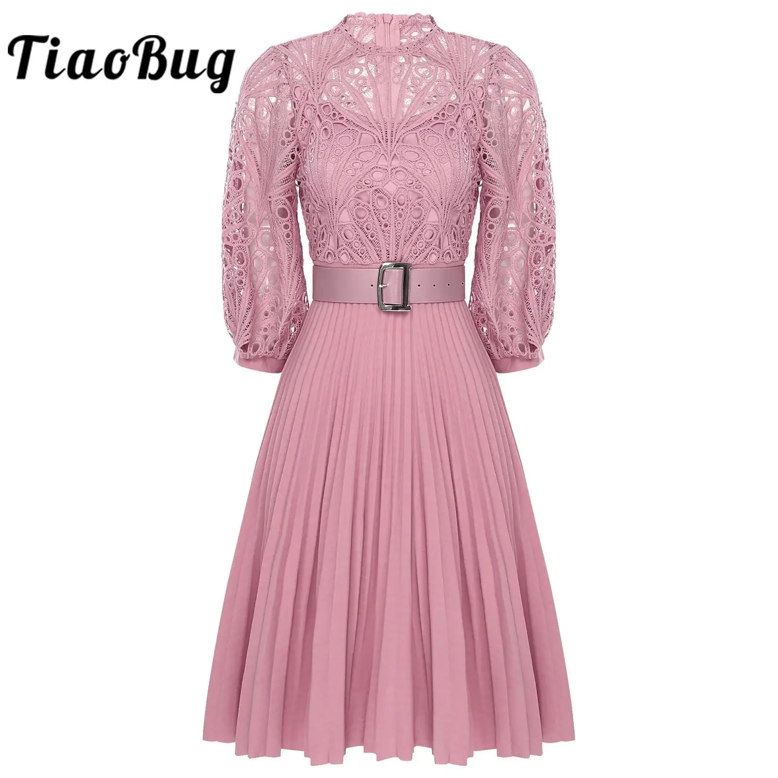 Vestido feminino plissado cintura alta linha A com renda com cinto, vestido de noite, vestidos elegantes, festa de casamento, banquete, manga 3/4