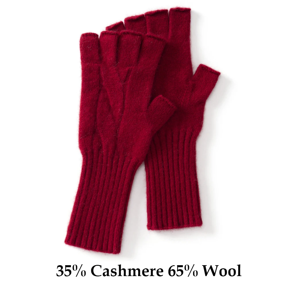 Women's Luxury Cashmere Knit Half Finger Gloves with Long Ribbed Cuffs Solid Color Classic Design Winter Autumn Wool Mittens