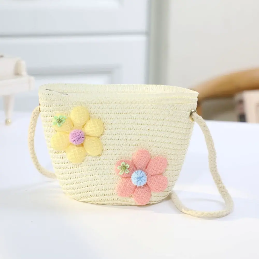 Zipper Girl Flower Straw Bag Coin Purse Photo Props Kid Messenger Bags Storage Basket Handmade Woven Crossbody Handbag