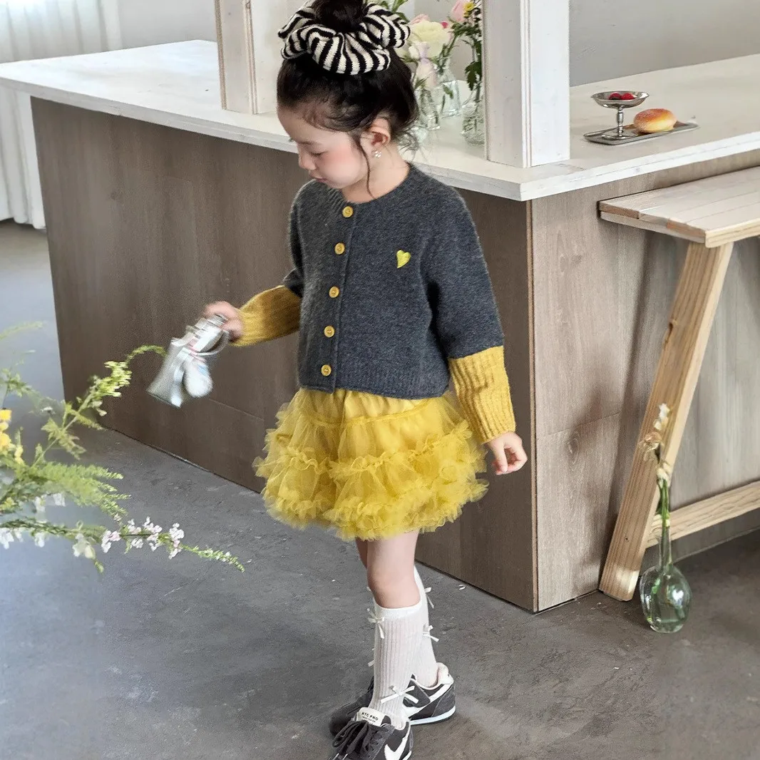 

Girls Knitted Cardigan Autumn Faionable Child Clothes Korean Sle Color Blo Sweater Middle Thin Wool Single Button