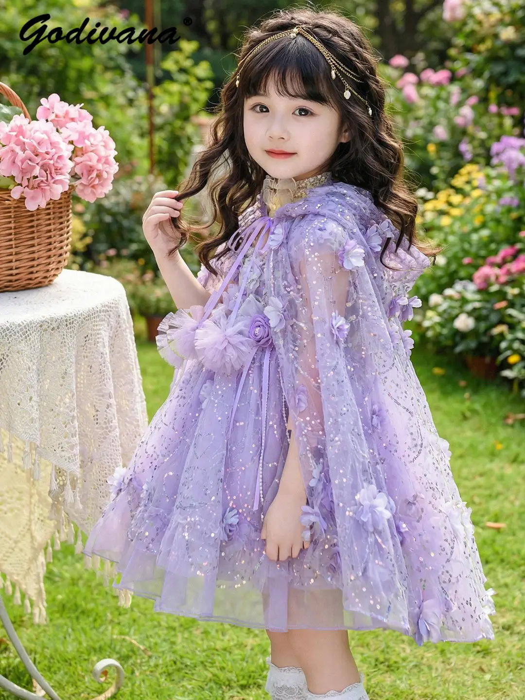 Sweet Baby Girls Elegant Purple Mesh Princess Lolita Sundress Little Girl Heavy Sequin 3D Flower Fairy Tutu Party Formal Gown