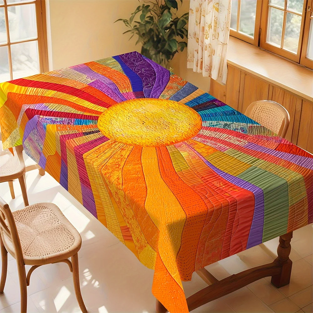 1pc  Bohemian Sunburst Quilted Tablecloth, Vibrant Rainbow Radiant Dining Table Cover for Kitchen Dining Room Decor