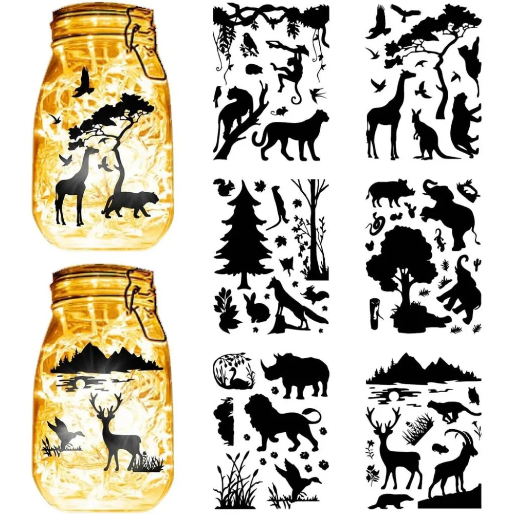 12 Sheets Forest Animals Mason Jar Decals Wildlife Stickers Die Cuts Silhouettes Self-Adhesive PVC Waterproof for Craft
