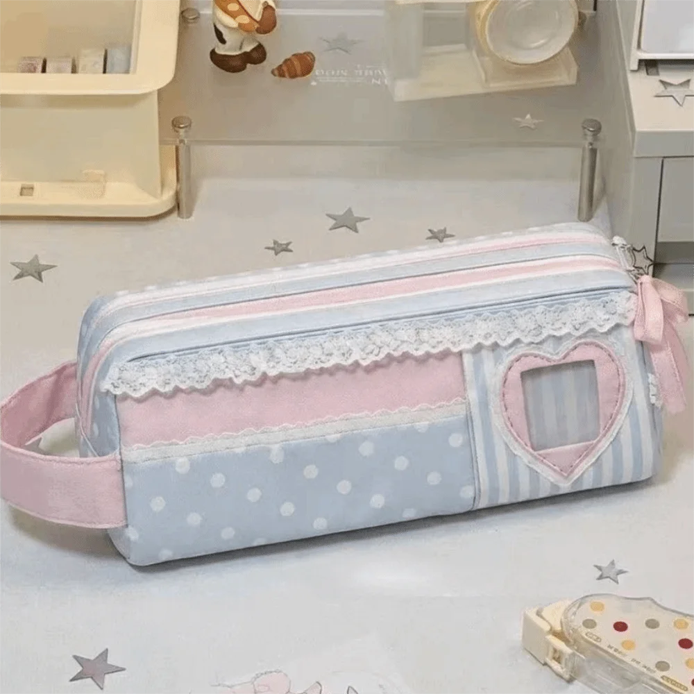 Korean Style Polka Dot Design Lace Pencil Case Large Capacity Multi Function Pencil Pouch Cute Sweet Pen Bag Gift for Girl