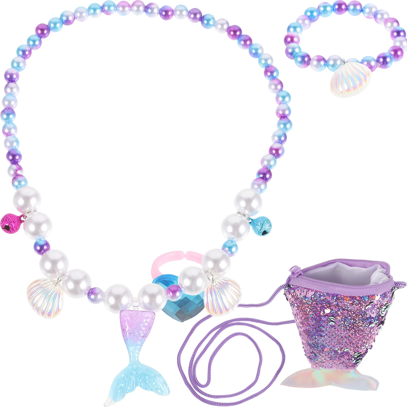 

1 set 1 Set Mermaid Tail Seashell Beaded Necklace Bracelet Jewelry Set For Little Girl Party Accessories Gift Storage Bag