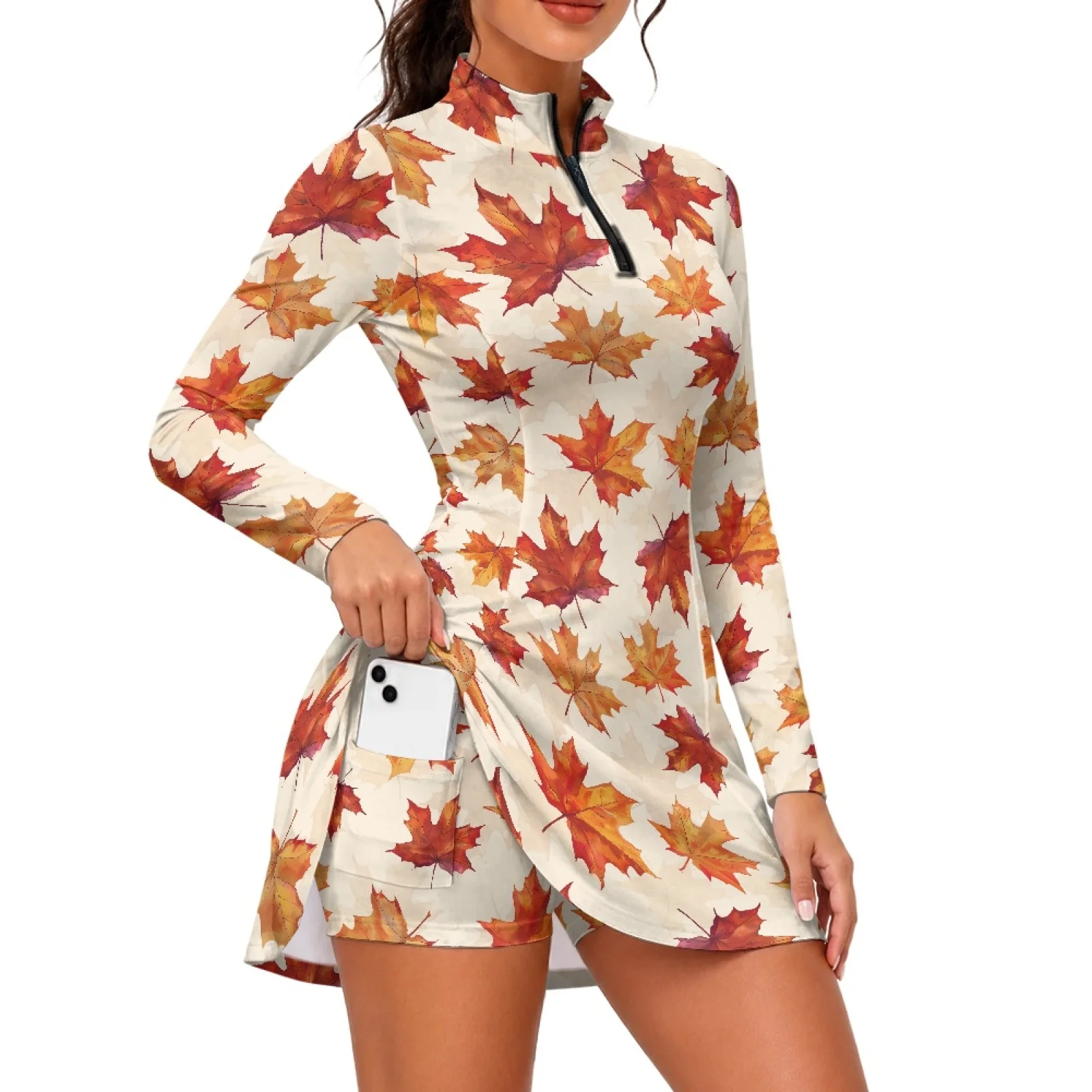 PENSTROLL Maple Leaf 2 Pieces Set Women's Long Sleeve Golf Dress Quick Dry 1/4 Zip Golf Outfits for Yoga