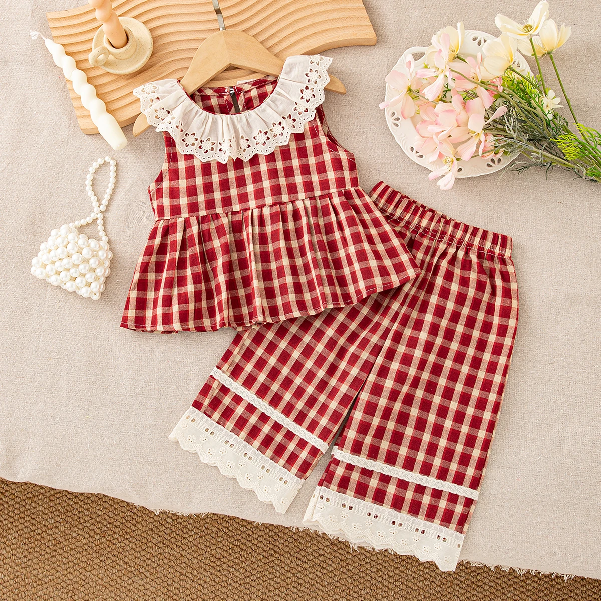 2pc/Set Baby Girls Set Summer Checkered Lace Sleeveless Top And Pants Baby Girl Clothing Cute Beach Cotton Baby Set