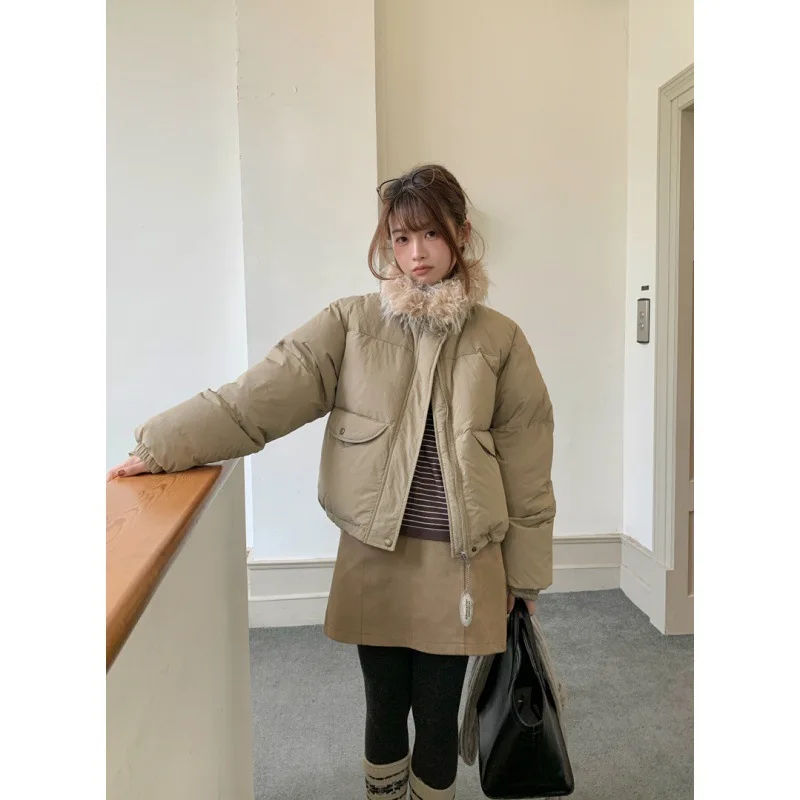 Winter Short Women's Puffer Jacket 90 White Duck down Fashionable Warm Fur Collar Bread Style Versatile Korean Style Knitted ...