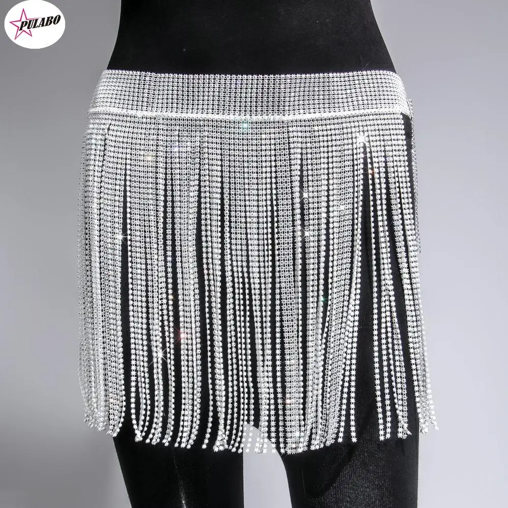 

PULABO Super Sparkly Rhinestone Tassel Chain Skirt y2k y2k Arrival Sexy Shine Hollow Out Handmade Nightclub Beach Mini Skirt