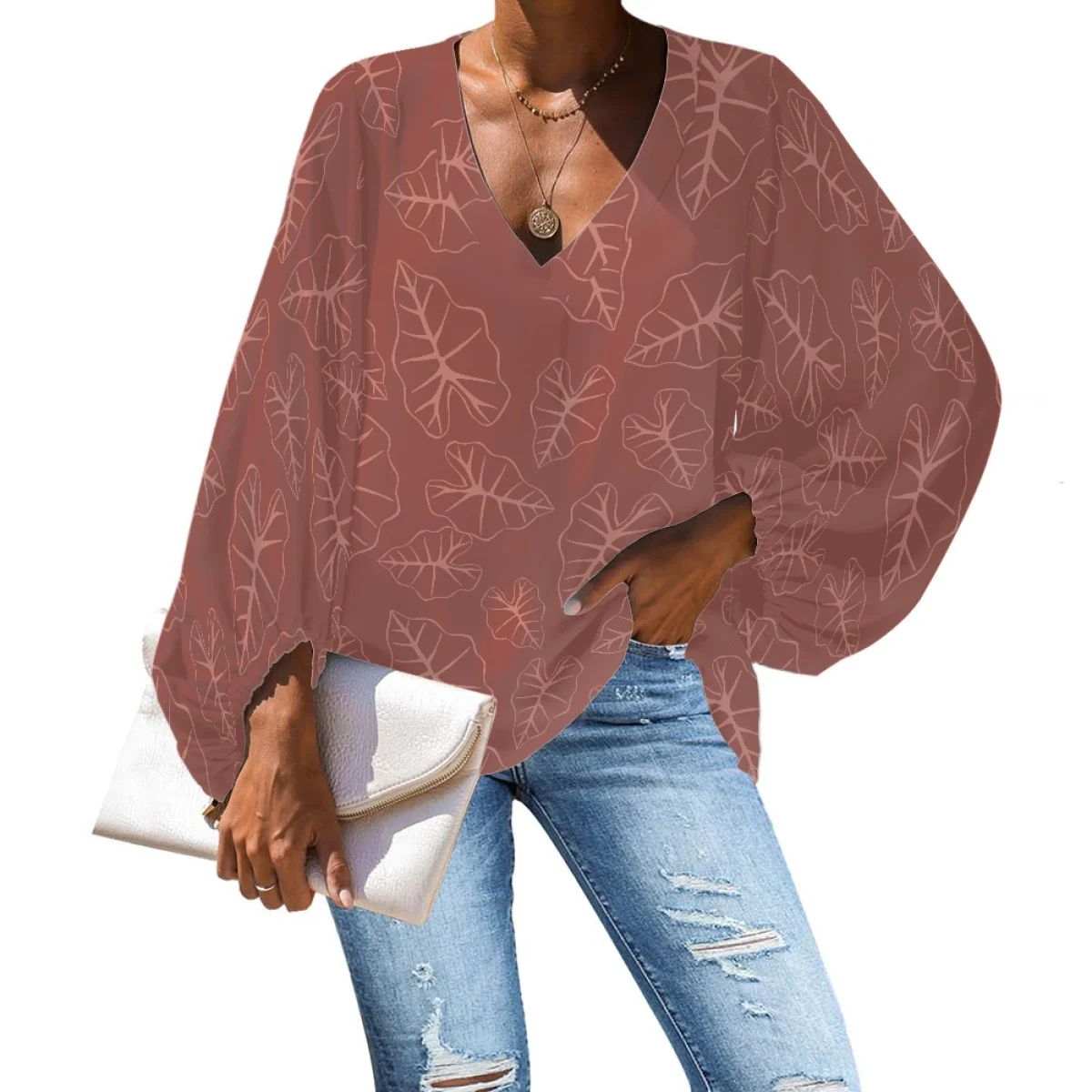 Pacific Islander Women's Blouses and Shirts Lady Custom Taro Kalo Leaves Print Lantern Sleeve Chiffon T Shirt Top