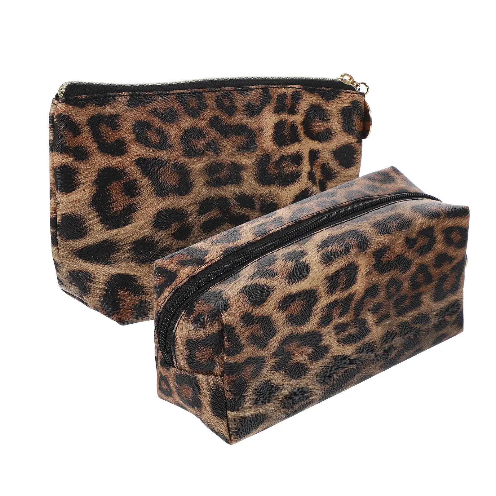 2Pcs Leopard Prints Makeup Bags Portable Pouches Travel Toiletry Organizer Zipper Closure Stylish Gift for Girls Women